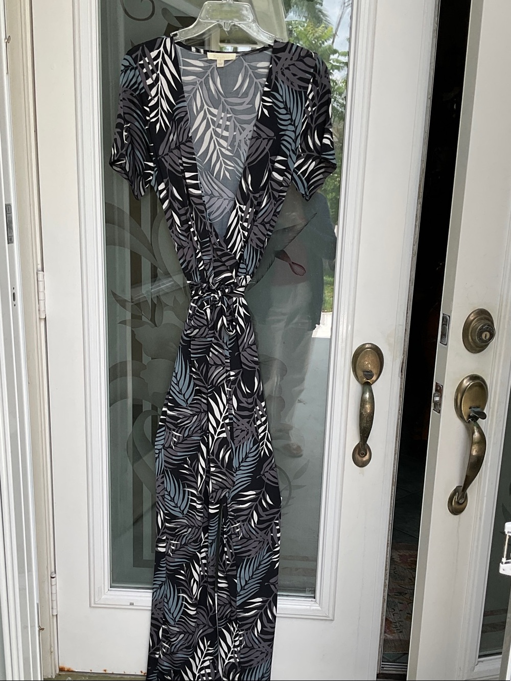 Black Leaf-Print Wrap Maxi Dress with Tie Waist